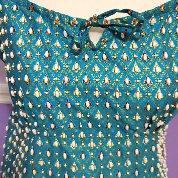 Shoreline Boho Gypsy Turquoise & Brown Beaded Princess Style Mini Dress - Picture 3 of 13